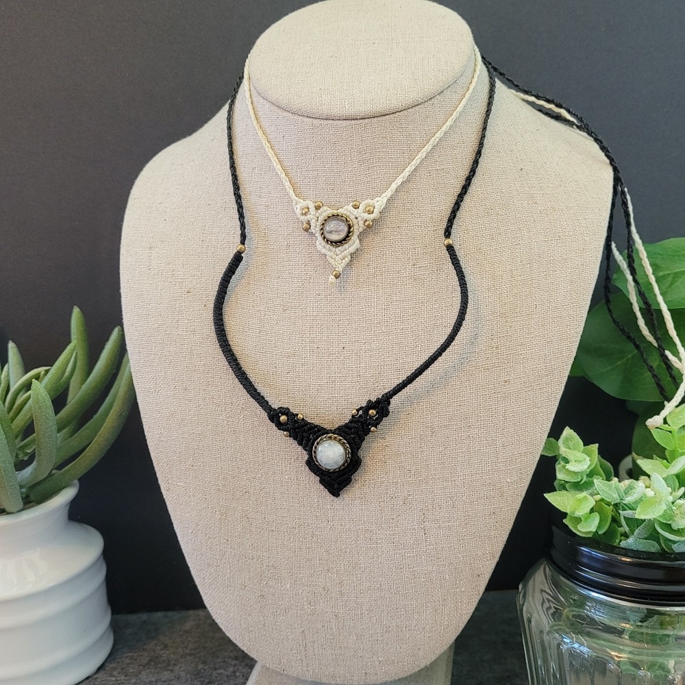 Lot 2 Micro Macrame Gemstone Necklaces Handmade Boho Tribal Brass Beads